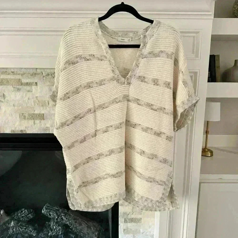 Vince Oversized Cable Knit Sweater Cream Gray V-Neck XS